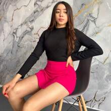 Short falda para mujer corto casual elegante tiro alto con detalle de abertura en pierna - Rosa Fucsia - Ver 2