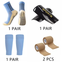 4 pezzi Set sportivo da calcio professionale, incluso 1 paio di calzini sportivi antiscivolo, 1 paio di parastinchi, 1 paio di gambali lavorati a maglia, 1 paio di bende sportive, per palestra