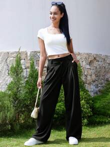 A AGROSTE Women's Wide Leg Pants, Waffle Knit Pants, Elastic High Waisted Casual Slacks, Work Business Palazzo Trousers With Pockets - 黑色 - 查看 7