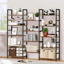 Triple Wide 5 Tier Bookshelf, Home Office Industrial Bookcase With 14 Open Shelves