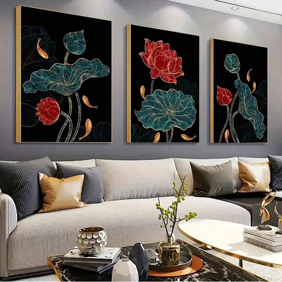 3pcs Frameless Abstract Golden Lotus Flower And Leaves Canvas Art Prints, Modern Non-Framed Wall Art For Living Room Decor Gifts Birthday Graduation