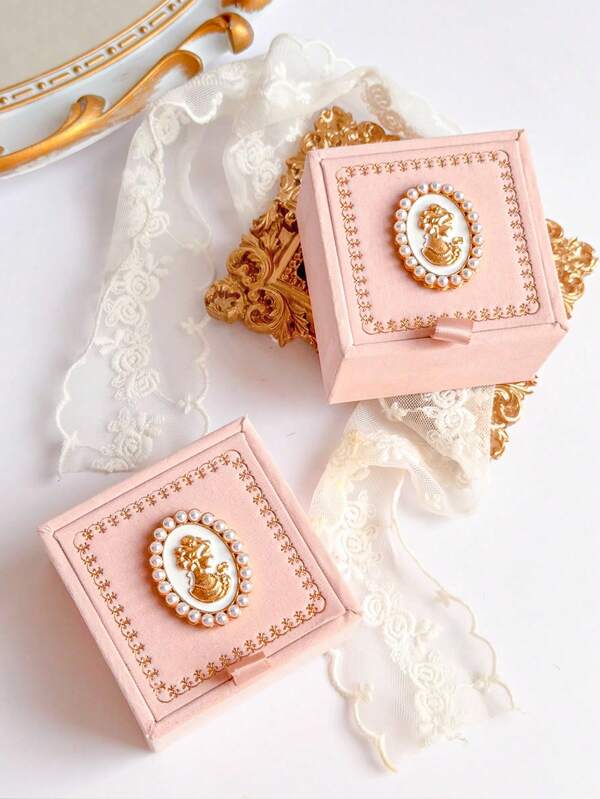 1pc Vintage French Style Minimalist Pink Retro Pearl Woman Head Design Earring & Ring Box, Delicate Foil Floral Edge Jewelry Box, Ring Storage Case