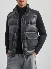 Men's Sleeveless Vest With PU Leather Panel, Warm And Windproof Stand Collar Winter Jacket