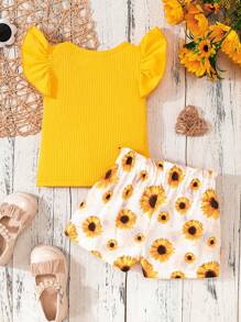 2pcs Baby Girls Casual Bow Ribbed Tee And Sunflower Printed Shorts Set - Yellow - View 2