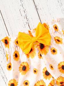 2pcs Baby Girls Casual Bow Ribbed Tee And Sunflower Printed Shorts Set - Yellow - View 7