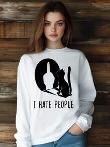 Women  Cartoon Evil Cat  Funny Kawaii T-Shirt Fashion Print Long Sleeve Round-Neck Loose Fit Tops Streetwear