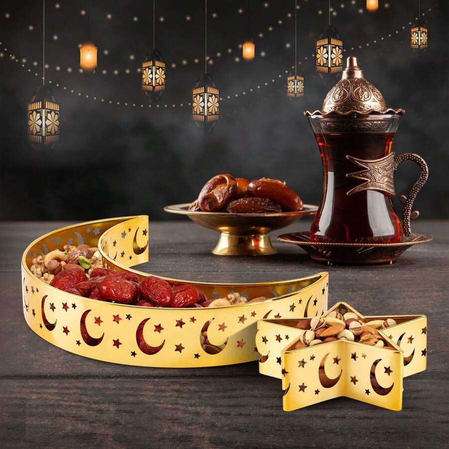 1PC Decorative Moon And Star Tray Set For Eid, Golden Ramadan Serving Dishes For Nuts, Dates, And Candies, Elegant Islamic Inspired Snack Bowls, Unique Crescent And Star Shaped Plates, Perfect For Holiday Feasts And Festive Gatherings, Great For Festivals And Special Occasions, Adds Festive Touch To Your Dining Table. - Multicolor - View 1