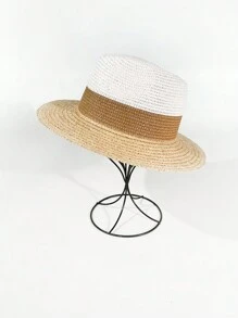 1pc Women's Summer Straw Panama Hat, Wide Brim Sun Protection Vacation Beach Cap, Suitable For Evening Party, Outdoor Sun Shading - Solid Color - View 7