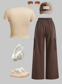 2pcs/Set Girls 8-11 Years Old, Round Neck Letter Print Cropped Top + Casual Fashion Cargo Pants Set, Elegant & Chic Style, Suitable For Vacation And Daily Outings