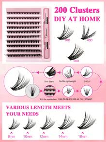 200 片 D 卷曲 8-16 毫米混合 DIY 睫毛延长套装，DIY 大容量柔软独立簇状睫毛，打造蓬松、自然、纤细的家居造型，DIY 睫毛胶，自然柔软的睫毛延长化妆品适合任何风格 - 粉色 - 查看 3