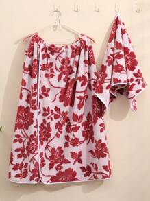 1pc Jacquard Two-Color Floral Plus Size Halter Toalha de Banho, Macio, Confortável, Absorvente, Para Banheiro, Piscina, Praia - Vermelho - Ver 1