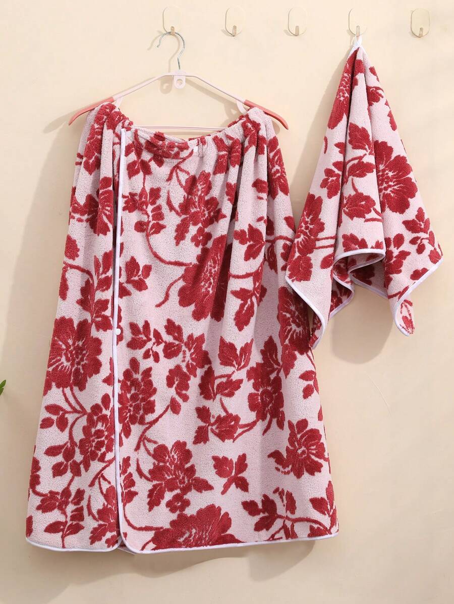 1pc Jacquard Two-Color Floral Plus Size Halter Toalha de Banho, Macio, Confortável, Absorvente, Para Banheiro, Piscina, Praia - Vermelho - Ver 1