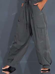 Pantaloni cargo casual da donna, Boyfriend Relaxed Fit Trousers, Pantaloni lunghi estivi alla moda da signora con tasche, P Pantaloni larghi con vita e traforo, adatti per vacanze, festival musicali Quotidiani, casual, spiaggia, viaggi