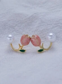 Conjunto de 3 piezas de joyería de moda para mujeres y niñas, con collar con colgante de flor de tulipán, pendientes y collar de perlas falsas de cadena choker para fiesta y regalo - traje - Ver 5