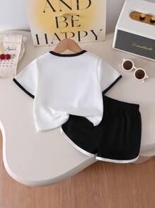 2pcs Young Girl Casual Cherry Print Top And Minimalist Versatile Shorts Set