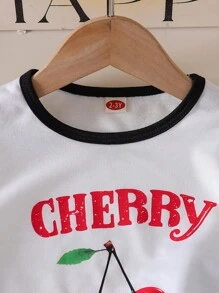 2pcs Young Girl Casual Cherry Print Top And Minimalist Versatile Shorts Set