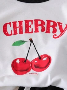 2pcs Young Girl Casual Cherry Print Top And Minimalist Versatile Shorts Set