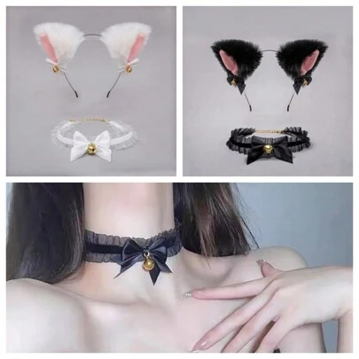 2 件可爱猫耳朵发夹动物耳朵蝴蝶结头带猫兔铃铛发带生日礼物复活节礼物猫耳朵发带 + 颈链可爱猫耳朵发夹女士日常发饰万圣节