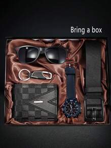 5pcs/Set Fashionable Casual Men's Quartz Watch, Wallet, Keychain, Sunglasses, Belt Gift Box Set
