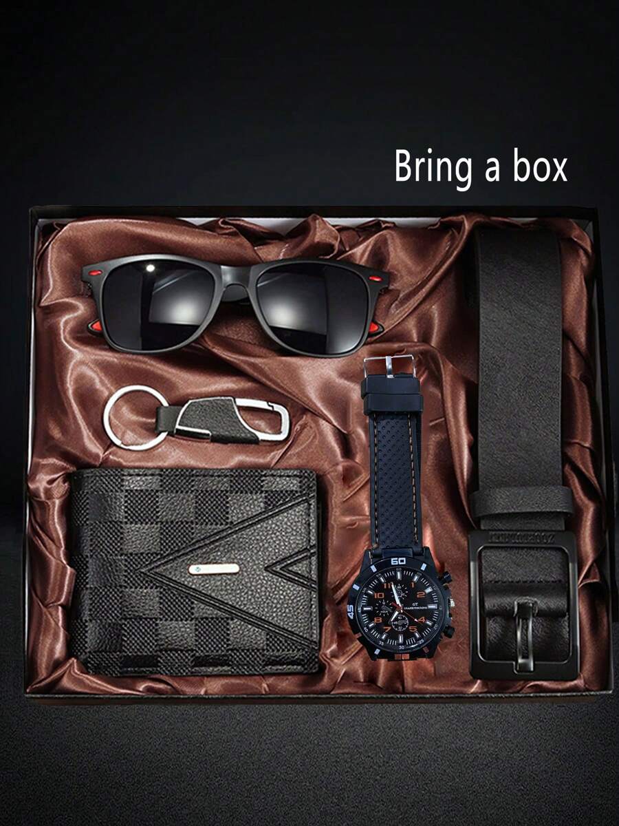 5pcs/Set Fashionable Casual Men's Quartz Watch, Wallet, Keychain, Sunglasses, Belt Gift Box Set