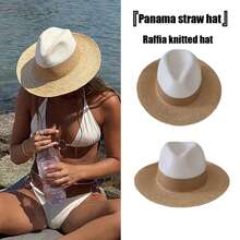1pc Women's Summer Straw Panama Hat, Wide Brim Sun Protection Vacation Beach Cap, Suitable For Evening Party, Outdoor Sun Shading - Solid Color - View 2