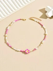 1pc Vacation Style Soft Clay Flower & Bead Strand Necklace - Blue - View 10