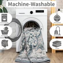 Low Pile Washable Rugs For Living Room, Faux Wool Vintage Rug For Bedroom Dining Room Home Decoration - 藍白色 - 查看 5