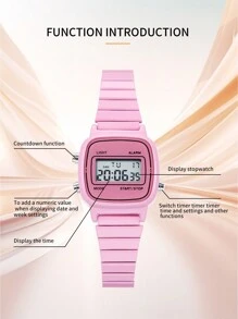 Fashionable Women's Square Pink Stainless Steel Band Electronic Watch, Multi-Function Sport Women's Calendar Digital Wrist Watch Suitable For Daily Wear, Holiday Gift - Pink - View 5