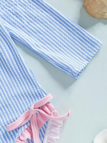Traje de baño de 2 piezas con protección contra erupciones y gorro para niñas pequeñas, estampado de rayas, manga larga, cuello redondo, trajes de baño para niñas pequeñas - Azul - Ver 7