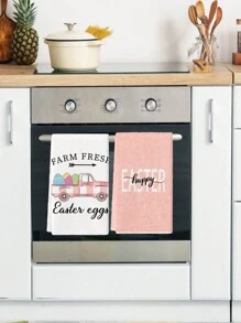 2 Pcs Easter Kitchen Towels Easter Pink Truck With Eggs Style Dish Towel Cooking Hand Towel Tea Towel
