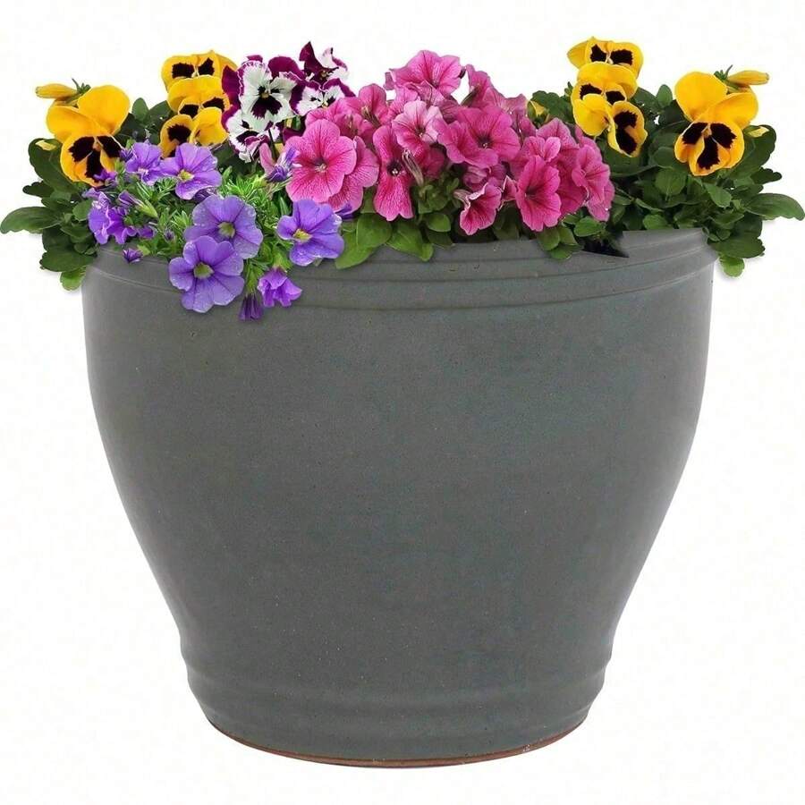 15-Inch Outdoor Ceramic Planter - Plant Pot With Gray Glazed Finish - 灰色的 - 查看 1