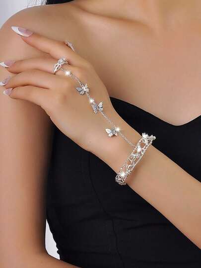 1 قطعة خاتم إصبع سلسلة أساور قابل للتعديل على شكل فراشة، مناسب للنساء والفتيات، إكسسوار متعدد الاستخدامات للصيف والمناسبات والحفلات