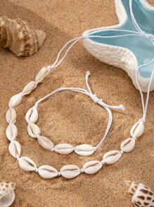 1 Set Shell Necklace, Shell Bracelet, Shell Jewelry Set, Beach Style, Summer Vacation, Shell Beaded Necklace & Bracelet Set - White - View 2