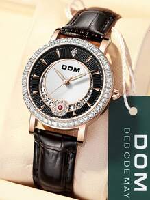 DOM 1pc Women's Rhinestone Moon & Date Luminous Dot Dial Brown Leather Band Elegant Fashion Waterproof Quartz Watch, Suitable For Daily Wear And Gifting - Brown - View 6