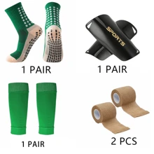 4 pezzi Set sportivo da calcio professionale, incluso 1 paio di calzini sportivi antiscivolo, 1 paio di parastinchi, 1 paio di gambali lavorati a maglia, 1 paio di bende sportive, per palestra