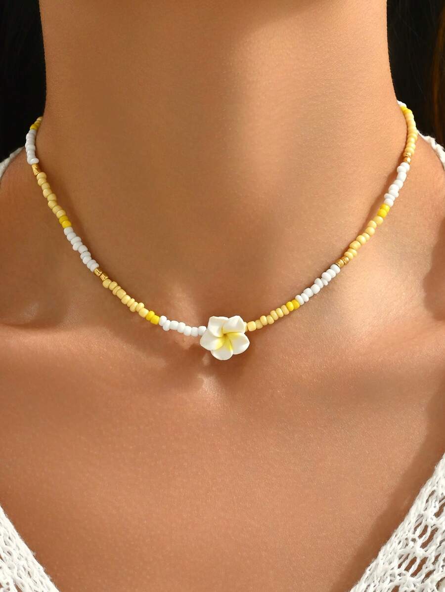 1pc Vacation Style Soft Clay Flower & Bead Strand Necklace - Blue - View 1