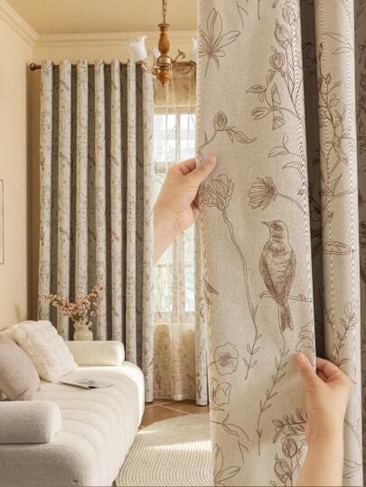 1pc New Floral And Bird Pattern 100% Blackout Double-Layer Composite Curtain, Thermal Insulating, For Home, Living Room, Bedroom, Office, Party, Daily Decoration