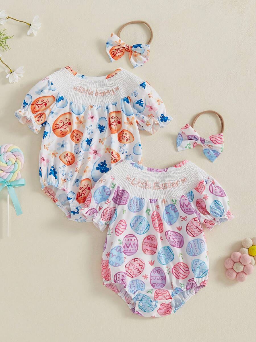 Baby Girl Easter Romper Letter Embropidery Bunny Print Short Sleeves Round Neck Bodysuit With Bow Headband - Purple - View 1