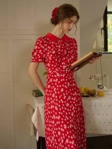 Simple Retro Women's Spring And Summer Holiday Style Printing Red Bottom White Small Flowers Elegant Medium-Length Shirt Collar Dresses - Red - View 9