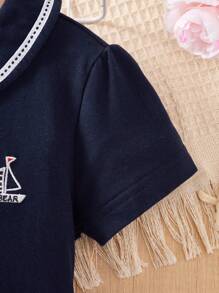 Girls Casual Peter Pan Collar Bow Decor Mini Dress, Elegant College Style Short Sleeve Princess A-Line Dress, Summer New Arrival - Blue - View 5