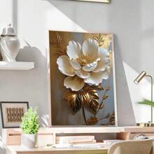 1 pieza, Pintura colgante de lienzo, Pintura decorativa enmarcada, Póster, Arte de pintura de óleo floral blanca elegante con hojas doradas - Decoración de pared abstracta moderna para sala de estar, dormitorio, oficina, etc. - Pintura al óleo enmarcada en HD, regalo perfecto para Halloween, Acción de Gracias, Navidad, decoración de habitaciones, pasillo, cafetería, biblioteca, baño