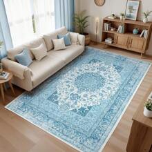 Low Pile Washable Rugs For Living Room, Faux Wool Vintage Rug For Bedroom Dining Room Home Decoration - 藍色 - 查看 1