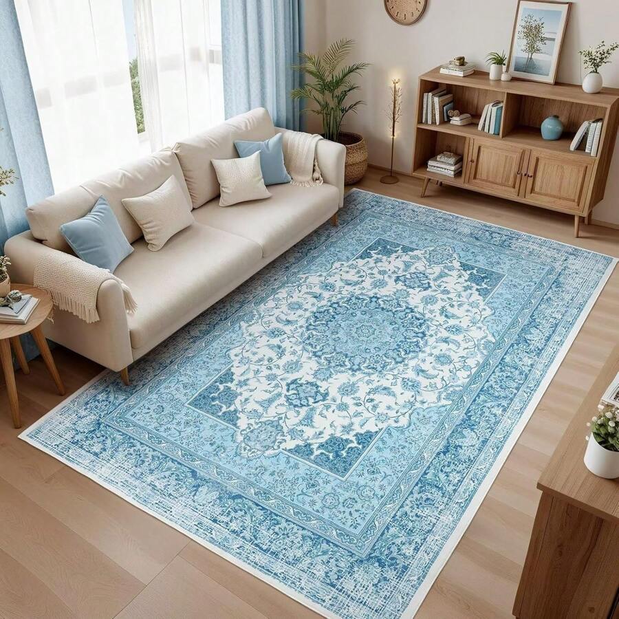 Low Pile Washable Rugs For Living Room, Faux Wool Vintage Rug For Bedroom Dining Room Home Decoration - 藍色 - 查看 1