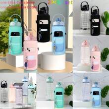 3pcs Slogan Graphic Water Bottle - Green - View 1