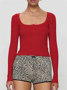 Women Crop Fitted Tops Solid Color Square Neck Button Long Sleeve Henley Shirt For Club Streetwear - Red - View 4