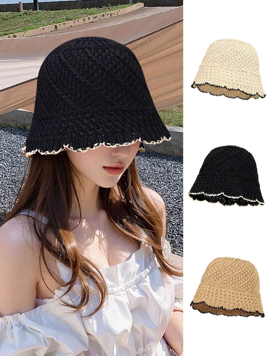 1pc Women's Handmade Woven Foldable Beach Hat, Breathable Sun Protection Bucket Hat, Spring/Summer - Khaki - View 1