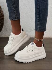 1 双女式休闲白色皮革春季滑板鞋，系带款式，2025 年春季新品 - 米黑色 - 查看 4