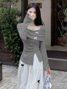 [Y6Y] 蝴蝶结露肩柔美长袖针织上衣 | 不对称下摆设计，适合秋冬 - 灰色 - 查看 5