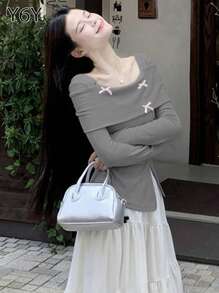 [Y6Y] 蝴蝶结露肩柔美长袖针织上衣 | 不对称下摆设计，适合秋冬 - 灰色 - 查看 4