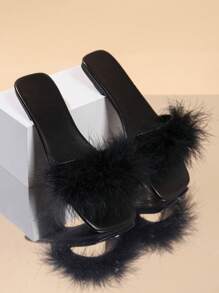 女士新款时尚夏季露趾绑带毛茸茸装饰经典黑色凉鞋，平底舒适轻便防滑，户外休闲沙滩度假风格 - 黑色 - 查看 4